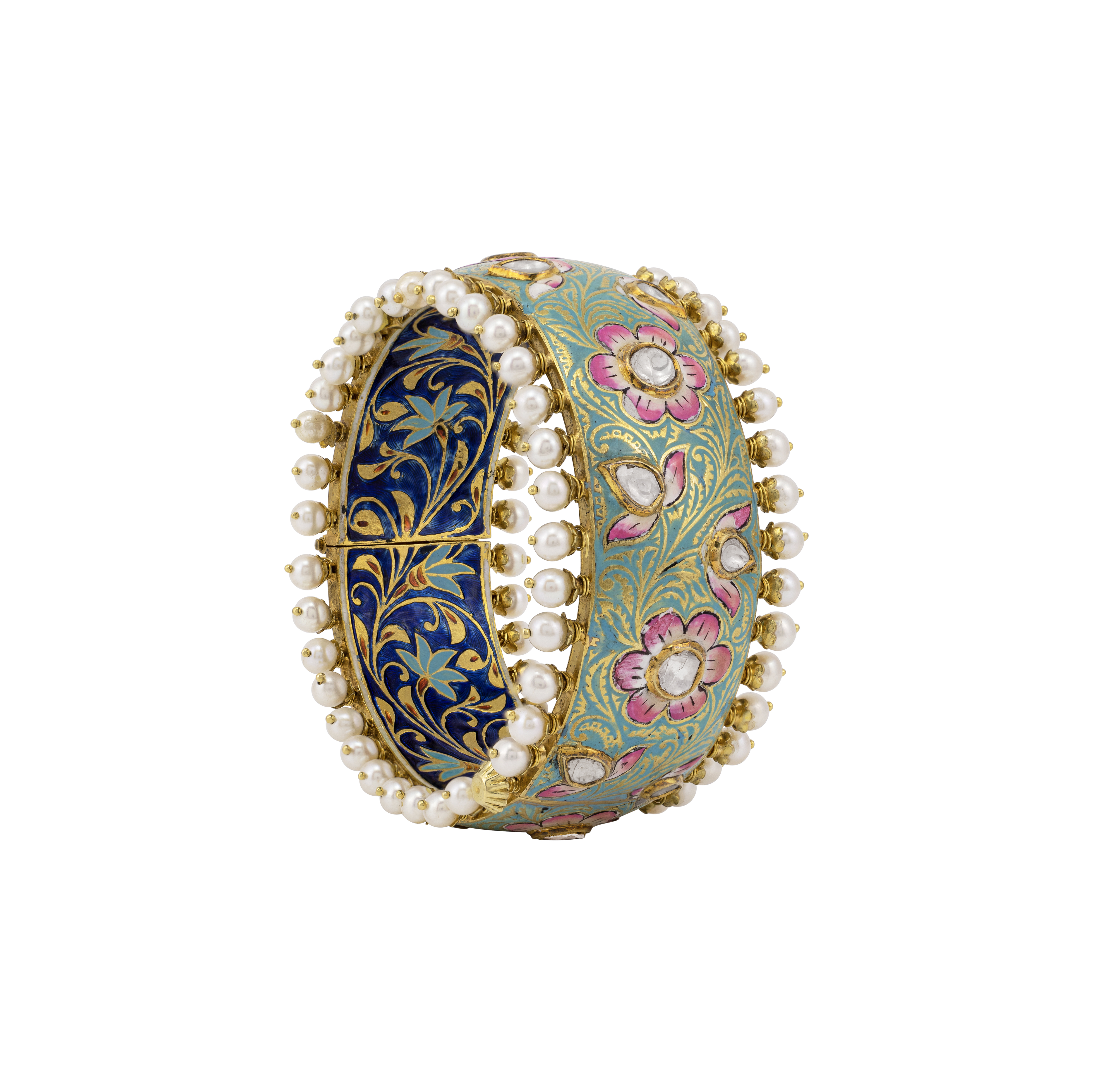 Floral Enamel Polki Bangle with Pearl Fungar Borders